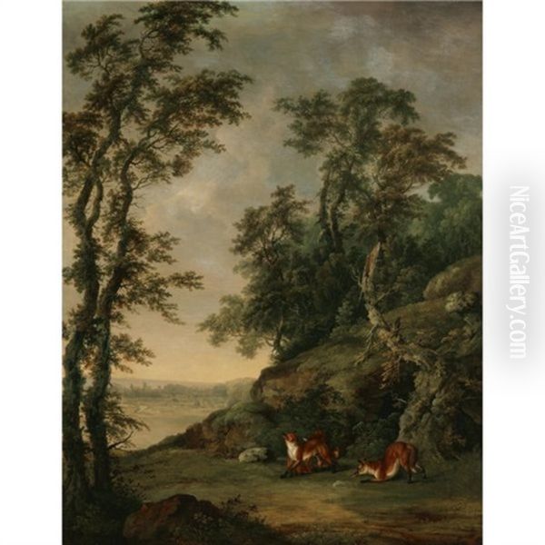 A Fox Family In An Extensive Landscape (collab. W/george Barret) Oil Painting by Sawrey Gilpin