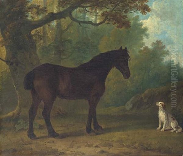 A Bay Cob And A Spaniel In A Wooded Landscape (collab. W/george Barret) Oil Painting by Sawrey Gilpin