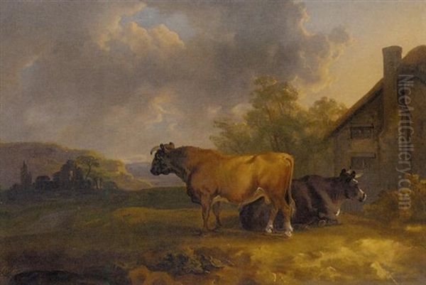 Cattle By A Cottage, In A Landscape With Ruins Beyond by Sawrey Gilpin