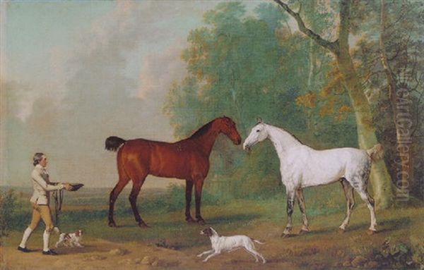 A Grey And Bay Hunter With Dogs And A Groom In A Landscape Oil Painting by Sawrey Gilpin