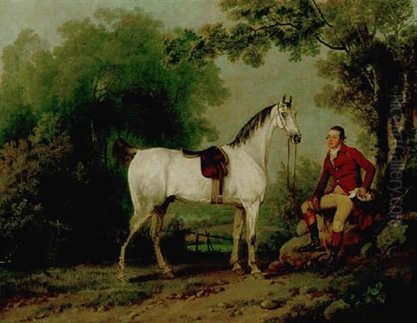 Portrait Of A Gentleman, The Mure Of Caldwell Family ?, With A Saddled Grey Hunter, In A Wooded Landscape Oil Painting by Sawrey Gilpin