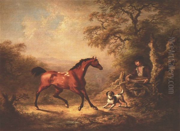 A Groom Offering A Feeding Sieve To A Pony In A Wooded      Landscape Oil Painting by Sawrey Gilpin