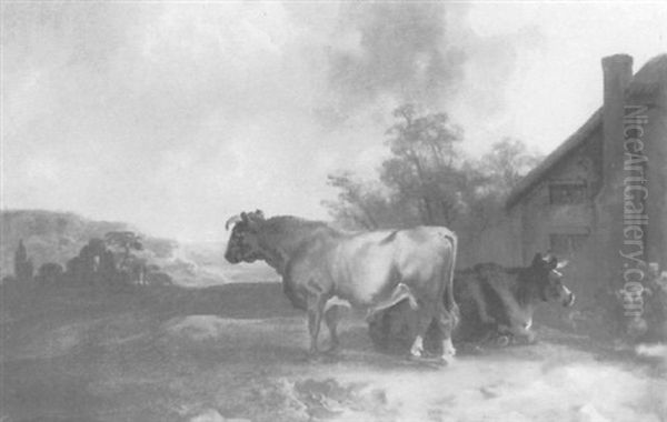 Two Bulls Outside A Farmhouse With An Extensive Moor Beyond by William Sawrey Gilpin