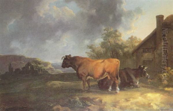 A Bull Standing Beside A Reclining Bull Outside A Farmhouse With Extensive Moor Beyond Oil Painting by William Sawrey Gilpin