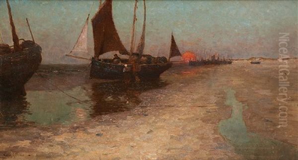 Barques De Pecheurs Amarrees Oil Painting by Victor Olivier Gilsoul