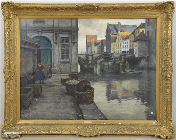 Marche Aux Poissons A Malines Anime Oil Painting by Victor Olivier Gilsoul