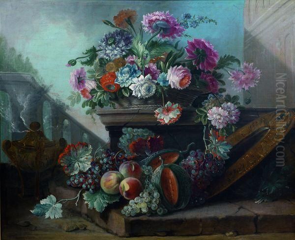 Nature Morte Au Bouquet De Fleurs, Brule-parfum Et Fruits Disposes Sur Une Terrasse D'un Palais Classique Oil Painting by Jean Jacques Bachelier