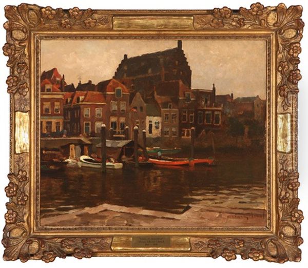 Dordrecht (temps Pluvieux), Dutch Canal Scene On A Rainy Day Oil Painting by Victor Olivier Gilsoul