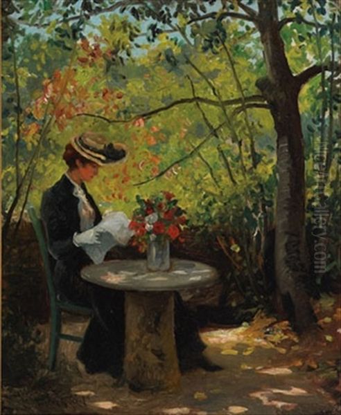 Woman Reading In A Sunlit Garden Oil Painting by Victor Olivier Gilsoul