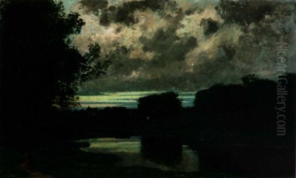 Sunset Over Pond And Chateau Oil Painting by Victor Olivier Gilsoul