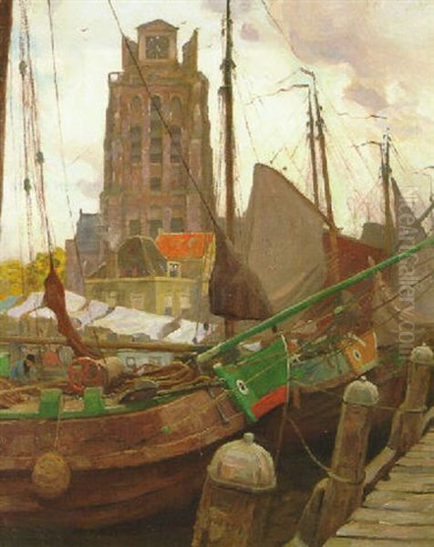 Scows In The Harbour Of Dordrecht Oil Painting by Victor Olivier Gilsoul