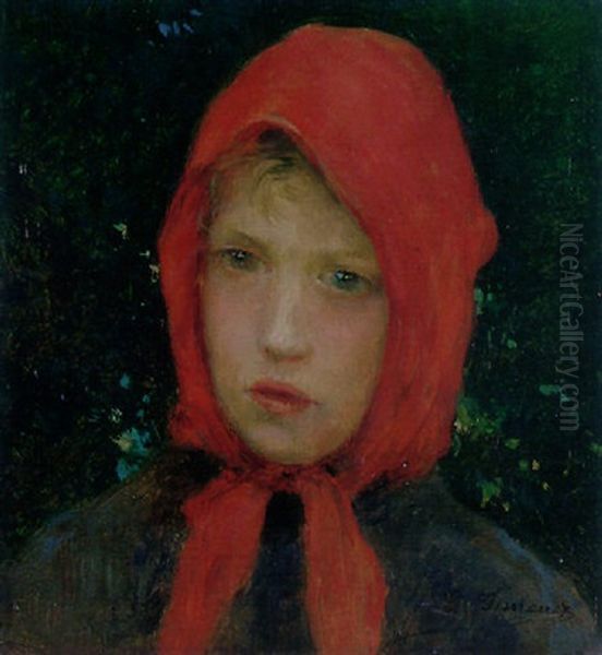 Jeune Fille Au Foulard Rouge Oil Painting by Luis Gimenez y Aranda