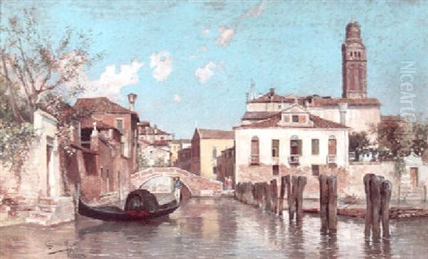 A View Of A Venetian Side-canal With A Figure On A Gondola In The Foreground Oil Painting by Juan Gimenez y Martin