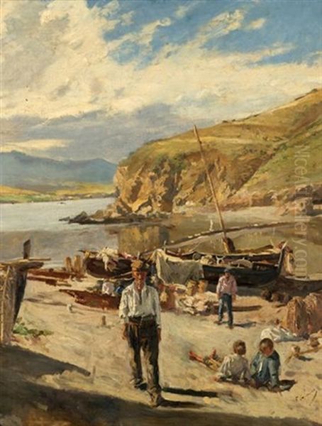 Figures Along The Shore Oil Painting by Francisco Gimeno Arasa