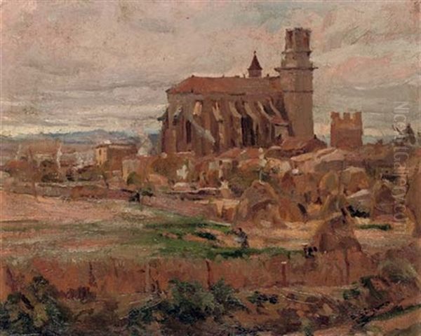 Iglesia En El Campo Con El Mar Al Fondo - A Church In The Countryside, With The Sea Beyond Oil Painting by Francisco Gimeno Arasa