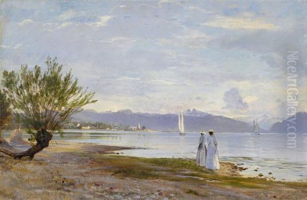 Promeneuses Sur La Plage De Vidy Avec Vue Au Loin Sur Le Chateau D'ouchy Oil Painting by Auguste Bachelin