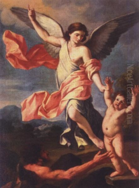 An Angel And A Devil Fighting For The Posession Of The Soul Of A Child Oil Painting by Giacinto Gimignani