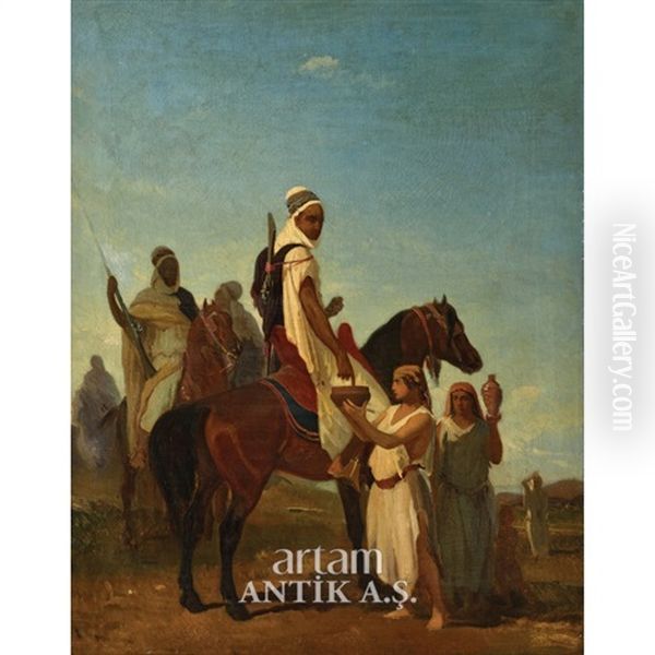 Cavaliers Arabes Acceptant Du Lait Dans Le Desert Oil Painting by Louis Eugene Ginain