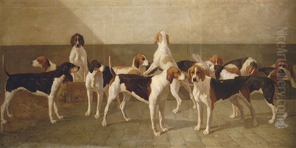 Hounds In A Kennel Oil Painting by Louis Eugene Ginain