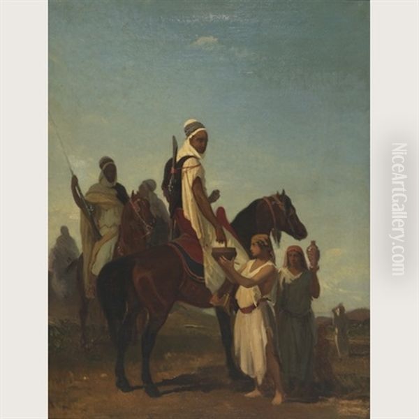 Cavaliers Arabes Acceptant Du Lait Dans Le Desert Oil Painting by Louis Eugene Ginain