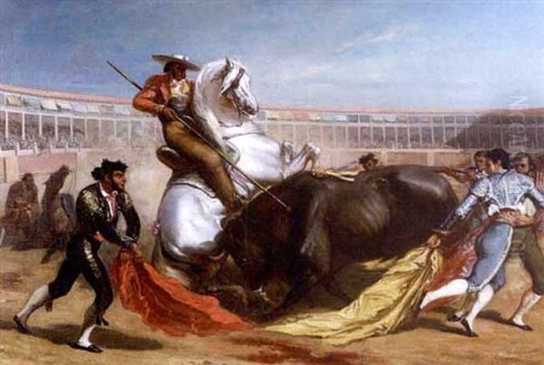 Bull Fighting Scene With White Stallion Oil Painting by Louis Eugene Ginain