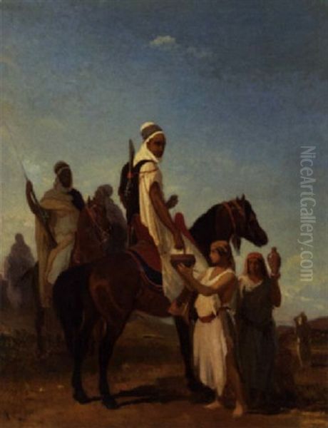 Cavaliers Arabes Acceptant Du Lait Dans Le Desert Oil Painting by Louis Eugene Ginain