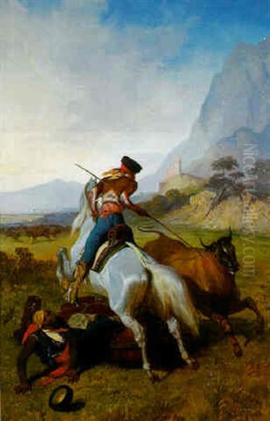 Huntsmen Bringing Down A Steer Oil Painting by Louis Eugene Ginain