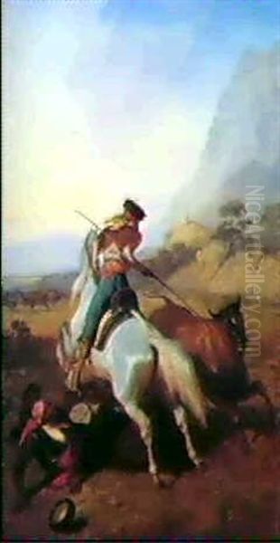 A Bull Hunt Oil Painting by Louis Eugene Ginain