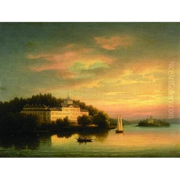 A Lake Scene At Sunset With A Summer Palace On The Shore And Figures In A Dinghy In The Foreground Oil Painting by Aleksandr Vasil'evich Gine