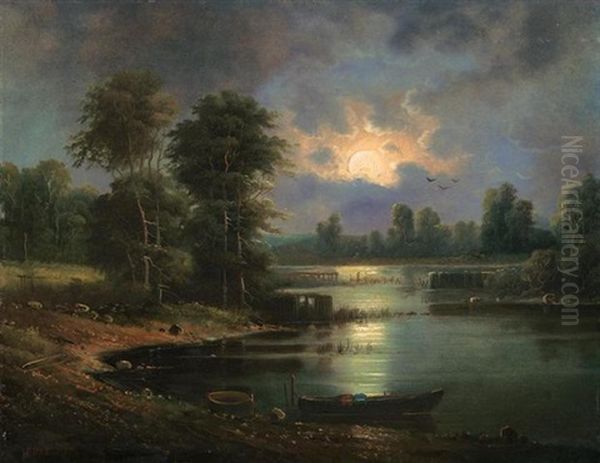 Woodland Lake By Moonlight Oil Painting by Aleksandr Vasil'evich Gine