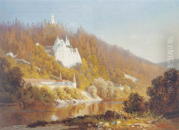 Blick Auf Svjatogorsky Kloster An Dem Flus Donetz In Der Ostukraine Oil Painting by Aleksandr Vasil'evich Gine