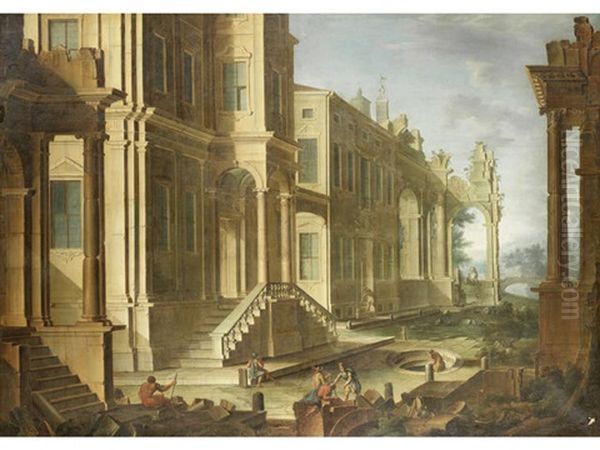 An Architectural Capriccio With Figures Before Palace Steps (+ An Architectural Capriccio With Soldiers Amongst Ruins In The Foreground; Pair) Oil Painting by Vicente Giner