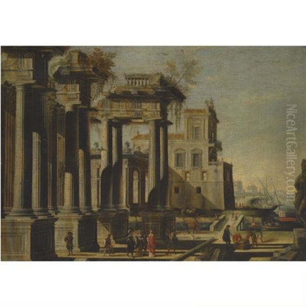 A Mediterranean Harbor Capriccio With Figures Beneath Classical Ruins Oil Painting by Vicente Giner