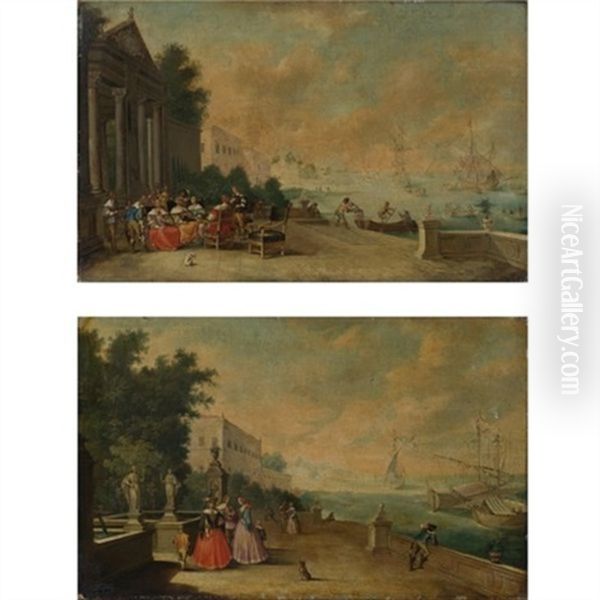 Views Of Bustling Harbors With Elegant Figures Strolling Along The Shore (pair) Oil Painting by Vicente Giner