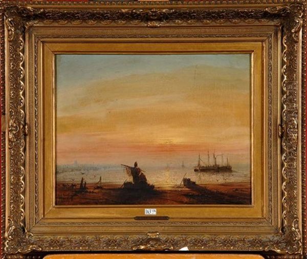 Le Retour Des Pecheurs Au Coucher Du Soleil Oil Painting by Jacques Van Gingelen