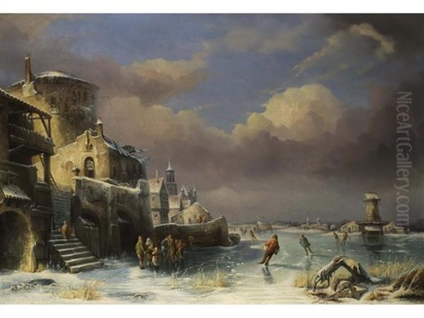 Schlittschuhlaufer In Vereister Polderlandschaft Mit Fantasievoller Burganlage Mit Kapelle Und Stadthausern Am Ufer Oil Painting by Jacques Van Gingelen