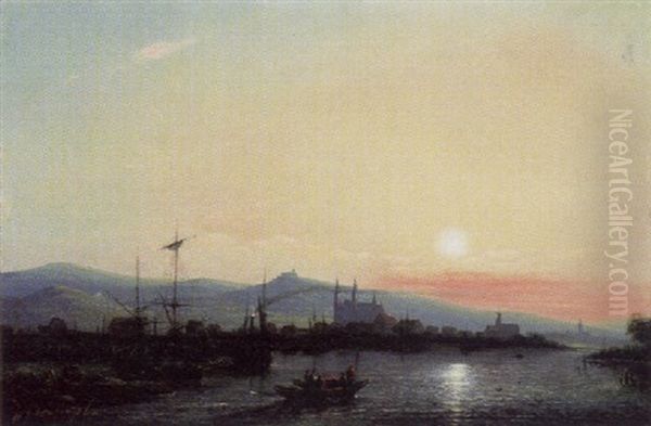 Geisenheim Am Rhein Bei Sonnenuntergang, Mit Blick Auf Johannisberg Oil Painting by Jacques Van Gingelen