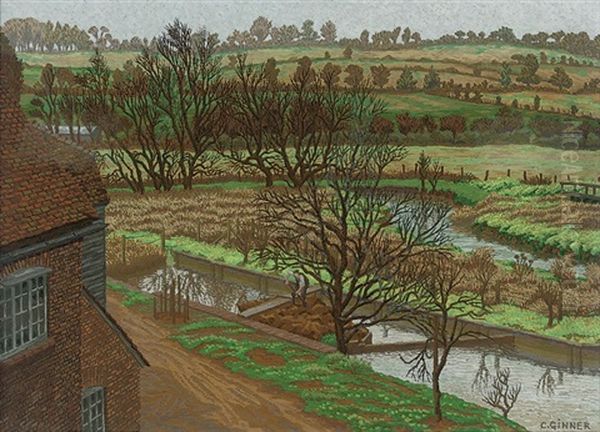 Canal Backwater, Hertfordshire Oil Painting by Charles Ginner