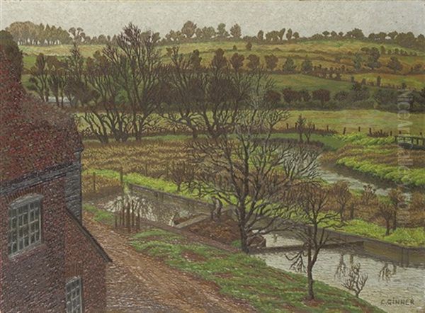 Canal Backwater, Hertfordshire Oil Painting by Charles Ginner