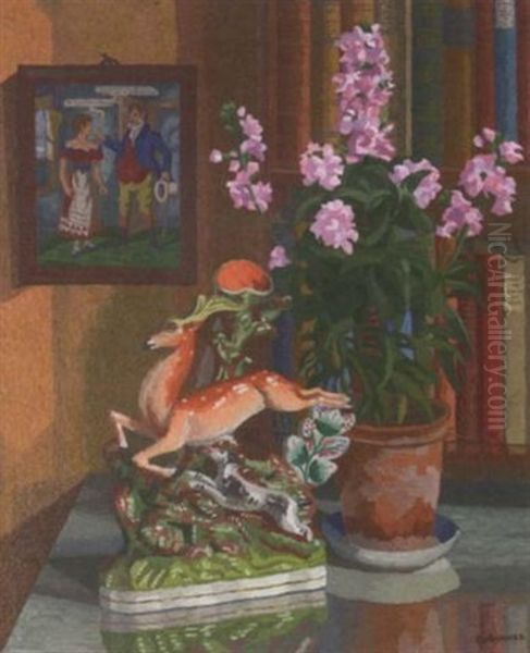 Still Life With Pot Plant And Staffordshire Figure Of A Stag Oil Painting by Charles Ginner