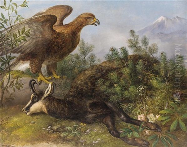 Adler Wacht Uber Erlegter Gemse Im Hochgebirge Oil Painting by Josef Ginovsky