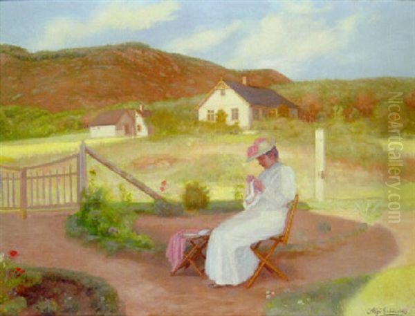 A Young Girl Sewing In A Sunlit Landscape by Aage Giodesen