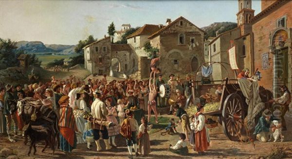 A Street Market Oil Painting by Edoardo Gioja