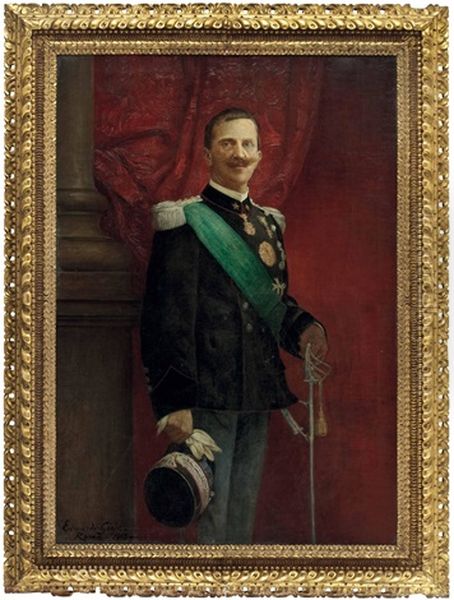 Standportrait Konig Viktor Emanuel Iii. Konig Von Italien (+ Standportrait Seiner Gemahlin Elena Von Montenegro; Pair) Oil Painting by Edoardo Gioja