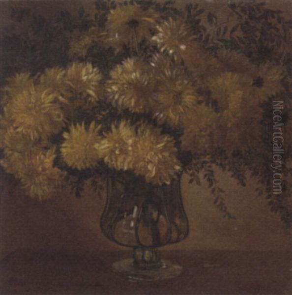 Still Life Of Chrysanthemums In A Glass Vase Oil Painting by Edoardo Gioja