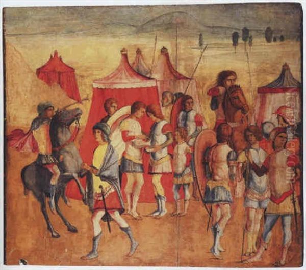 A Roman Encampment Oil Painting by Niccolo (Ursino Veronensis) Giolfino the Younger