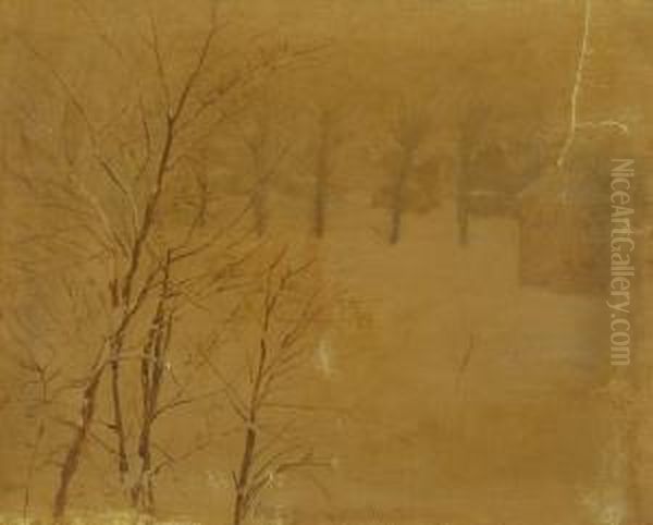 Winter Landscape With Trees And Haystacks Oil Painting by Otto (Henry) Bacher