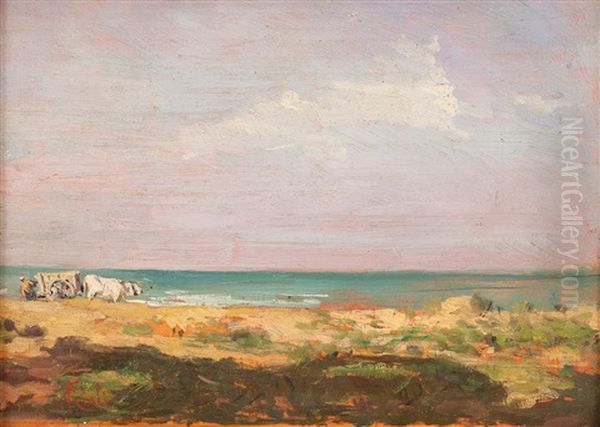 Contadino Con Buoi Sulla Spiaggia Della Maremma Oil Painting by Francesco Gioli