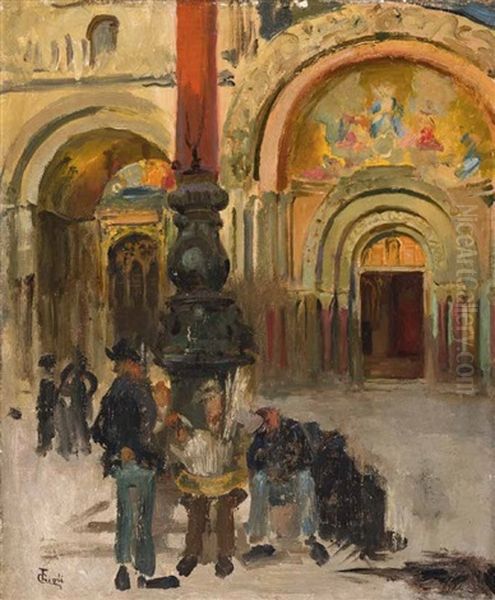 Mehrere Personen Vor Einem Kirchenportal Oil Painting by Francesco Gioli