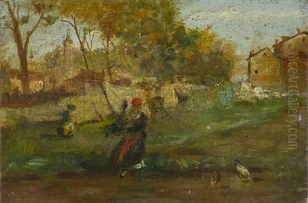 Paesaggio Con Figure E Polli Oil Painting by Luigi Gioli